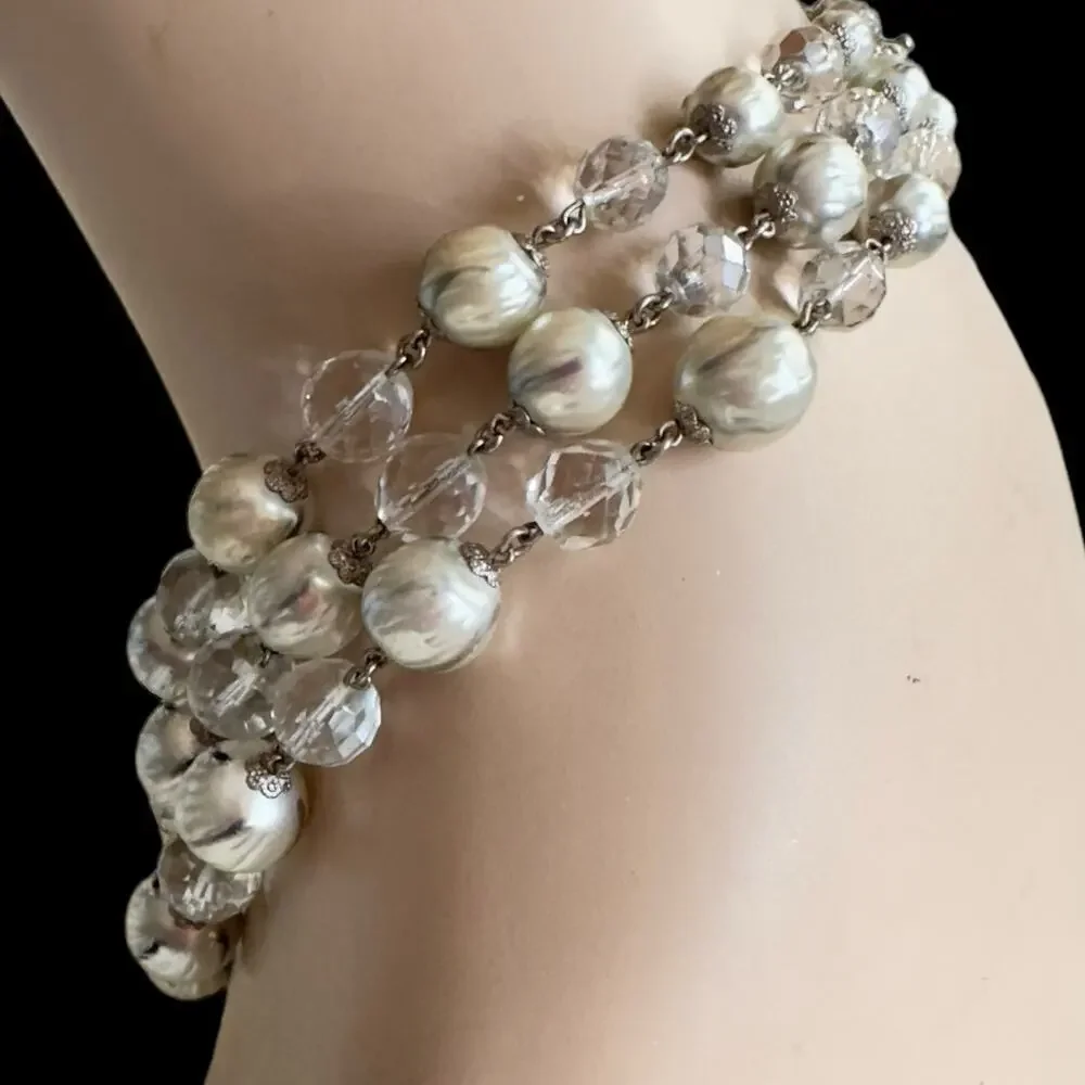 Vintage 1950s 3-Strand Baroque Glass Pearl & Crystal Choker Necklace Rousselet